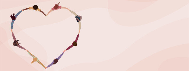Group of multicultural women in circle holding hands forming a heart shape. International women s day. Diversity - inclusion - equality - girl power or empowerment concept. Top view