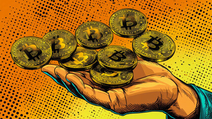 Bitcoin coins float tossed in the palm of your hand. Comic book pop art style