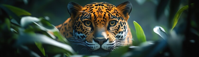 Obraz premium Stealthy jaguar prowling through dense jungle, sunlight filtering through leaves