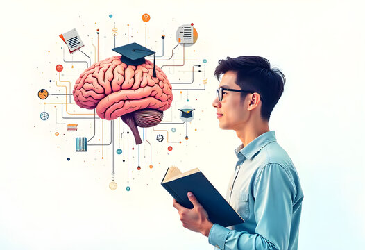 Business person with a brain holding an idea bubble, representing communication and success in a cartoon style