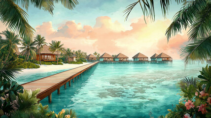 Fototapeta premium Maldives travel poster in soft watercolor style, showcasing a turquoise ocean with a long, wooden walkway extending over the water toward cozy thatched-roof villas.