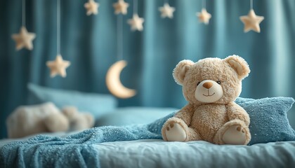 Fototapeta premium Teddy bear on crescent moon, hanging stars, dreamy blue sky, soft focus