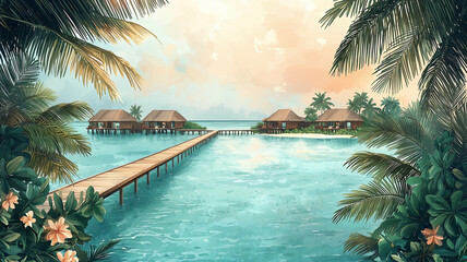 Fototapeta premium Maldives travel poster in soft watercolor style, showcasing a turquoise ocean with a long, wooden walkway extending over the water toward cozy thatched-roof villas.