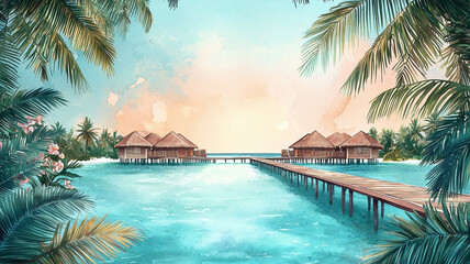 Fototapeta premium Maldives travel poster in soft watercolor style, showcasing a turquoise ocean with a long, wooden walkway extending over the water toward cozy thatched-roof villas.
