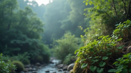 Fototapeta premium Lush greenery frames a serene stream, creating a tranquil woodland scene