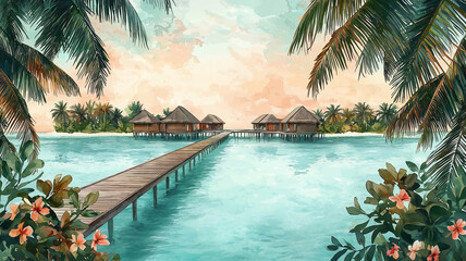 Fototapeta premium Maldives travel poster in soft watercolor style, showcasing a turquoise ocean with a long, wooden walkway extending over the water toward cozy thatched-roof villas.