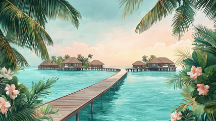 Fototapeta premium Maldives travel poster in soft watercolor style, showcasing a turquoise ocean with a long, wooden walkway extending over the water toward cozy thatched-roof villas.