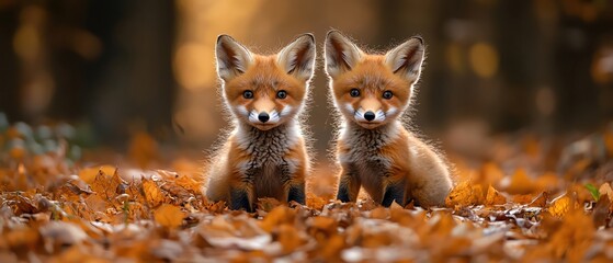 Fototapeta premium Two fox cubs in an autumn setting, warm tones, cute and endearing