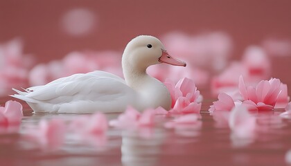 White duck with petals, pink background, graceful motion