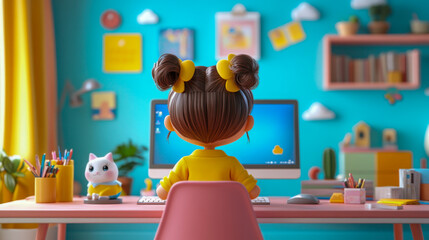 Happy school girl with computer, funny facial expression, 3d style cartoon character