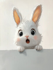anime-style of a  fluffy white bunny with big, wide eyes and long floppy ears, peeking from behind a white wall with a surprised expression.