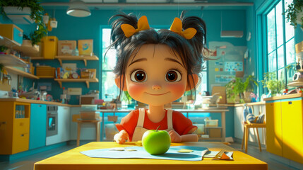 Happy school girl in the dining room with an apple, funny facial