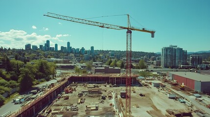 Urban Construction Site With Tower Crane And City Skyline