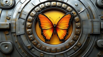 Obraz premium Orange Butterfly in a Metal Circular Frame