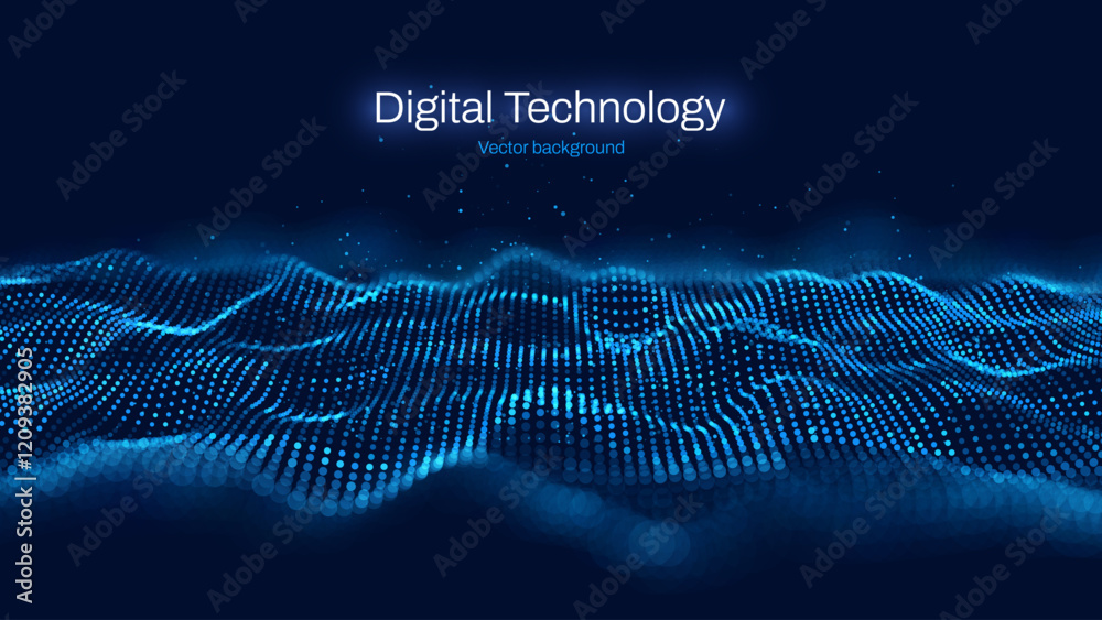 Poster Blue Abstract Technology Digital Data Flow Wavy Lines Background. Big Data Flow Cyber Particles Bokeh. Digital Neural Network. Concept of AI Artificial Intelligence Vector Illustration.