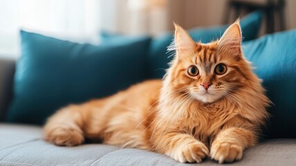 A fluffy orange cat lounges comfortably on a gray sofa, surrounded by teal cushions, looking curiously at the camera.