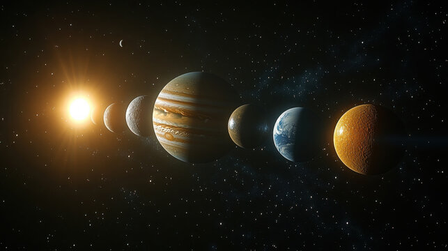 Jupiter dominates the foreground of the solar system with five planets aligned behind it and the sun shining brightly in the top left corner from a stunning space perspective