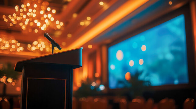 The podium with a large conference screen and lights in the background. 