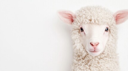Obraz premium Close-up portrait of a cute white lamb looking forward against a clean white background.