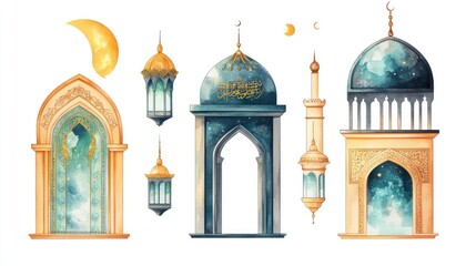 Collection of Islamic oriental style windows and arches with modern bohemian design  moon  mosque dome 