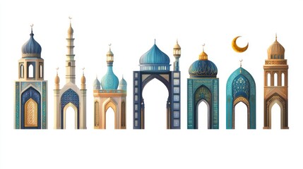 Collection of Islamic oriental style windows and arches with modern bohemian design  moon  mosque dome 