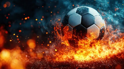 Naklejka premium Fiery soccer ball engulfed in flames, dramatic lighting, smoky background.
