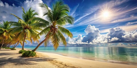Obraz premium Serene tropical beach scene featuring lush palm trees swaying gently in a warm breeze, under a vibrant sky filled with fluffy clouds and a bright sun reflecting on calm turquoise waters.