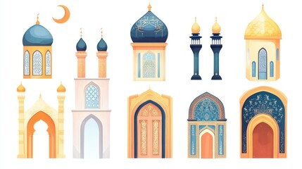 Collection of Islamic oriental style windows and arches with modern bohemian design  moon  mosque dome 