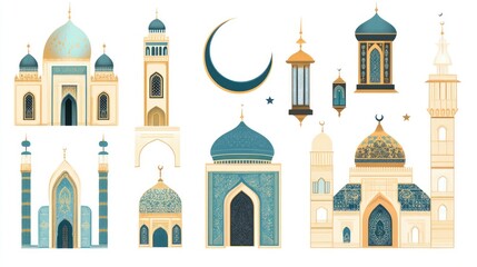 Collection of Islamic oriental style windows and arches with modern bohemian design  moon  mosque dome 