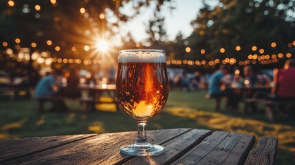 Cold beer on wooden table at sunset beer garden.