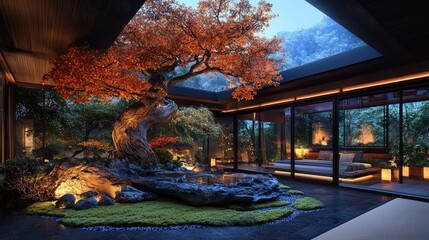 Tranquil indoor garden with autumn tree, nighttime ambiance