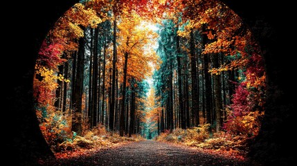 Fototapeta premium Autumnal forest path, vibrant foliage, tunnel view, nature background, ideal for fall themed designs
