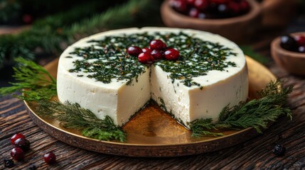 Festive cheese wheel with cranberries and herbs, sliced on a gold plate.