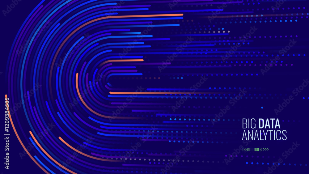 Poster Digital Big Data Flow Vector Background. Big Data Technology Lines. Abstract Science Technology Illustration. Big Data Neural Network Background Concept. AI Visualization Concept. Vector.