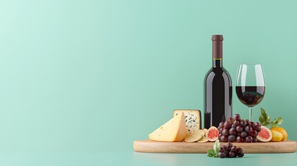 A beautifully arranged cheese board featuring assorted cheeses, fresh fruit, and elegant bottles of wine on a rich green backdrop, perfect for gatherings.