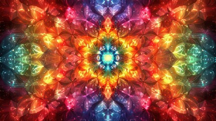 Vibrant rainbow kaleidoscope fractal pattern with symmetrical design and glowing colors.