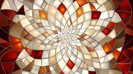 Abstract swirling mosaic pattern in red, orange, and beige tones.