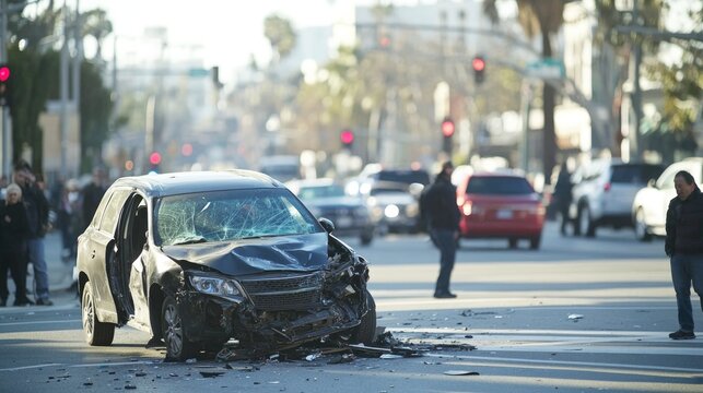 Crashed black SUV with a shattered windshield and severe front-end damage at a busy city intersection with bystanders observing the scene..