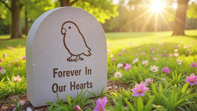 Minimalistic memorial stone for a beloved parrot engraved with heartfelt message in a sunlit garden
