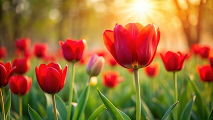 Obraz premium Vibrant Red Tulips Basking in the Warm Golden Hour Sunlight of a Spring Day