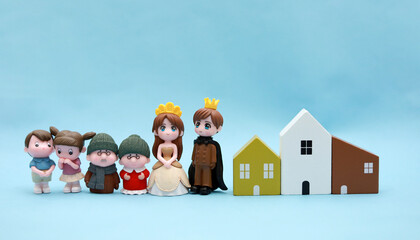 Figure toys happy family concept with mini home. Happiness, protection and children with parents relaxing together with mortgage or house insurance