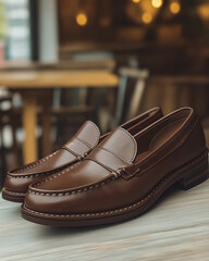 a pair of classic brown leather loafers with a low block heel, blending professional style with a touch of rustic charm. a rustic cafe with wooden furniture and ambient lighting background