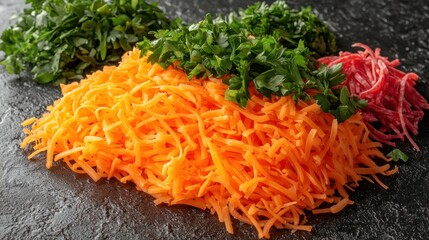Here's a description for your stock photo.. Shredded carrots, parsley, and beetroot on a dark surface.