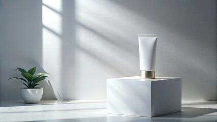 A pristine white tube of lotion, elegantly displayed on a minimalist white cube, bathed in soft, natural light, next to a small potted plant, creating a serene and sophisticated atmosphere.