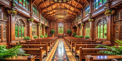 Fototapeta premium A majestic wooden chapel interior showcasing ornate woodwork, stained-glass windows, and lush greenery enhancing the peaceful ambiance