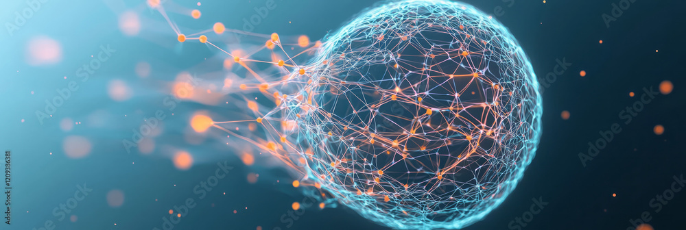 Poster a 3d abstract sphere composed of interlinked nodes and flowing patterns, glowing softly on a neutral
