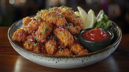  "Crispy Chicken Nuggets with Ketchup on Wooden Table: A Tempting Dark Background Delight"