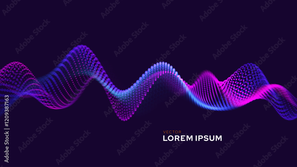 Poster Abstract Music 3D Background Particles Design. Geometric 3D Modern Technology Background. Vector Illustration. Data Flow Colorful Dots Tech Backdrop.