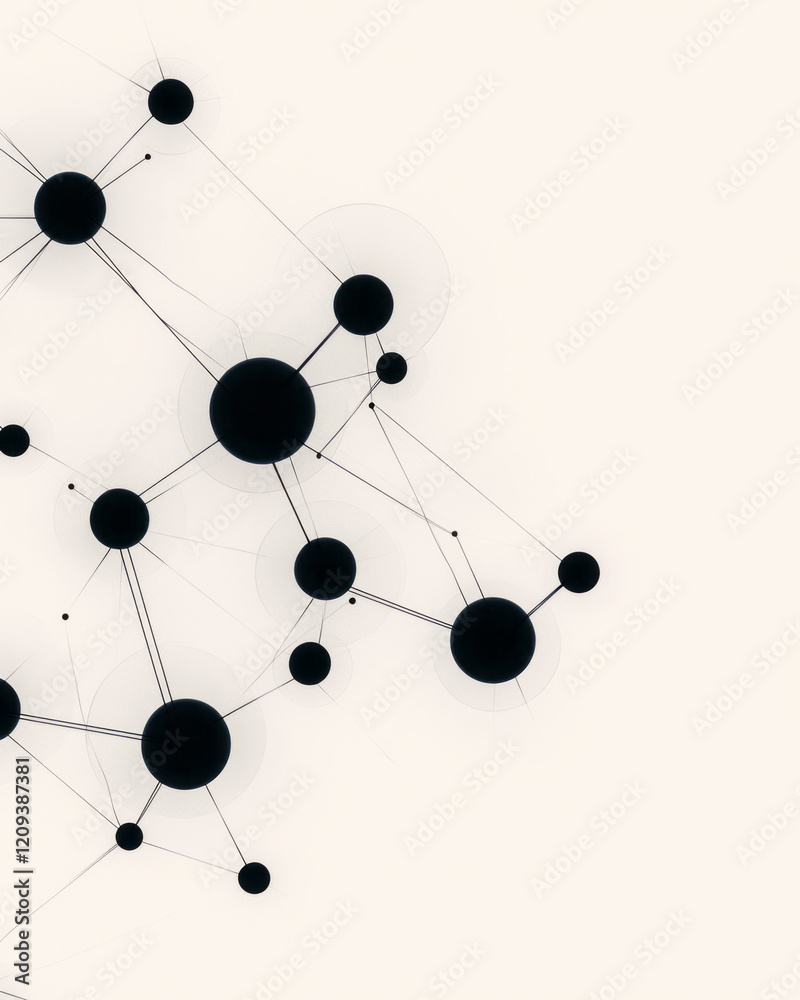 Poster a futuristic abstract network design with black circular nodes and angular geometric connections in 