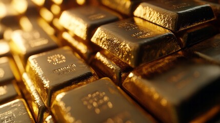 Stacks of gold bars gleam in a warm light, shedding radiance in a secure environment. Each bar is embossed, emphasizing value and quality. This arrangement reflects wealth and investment